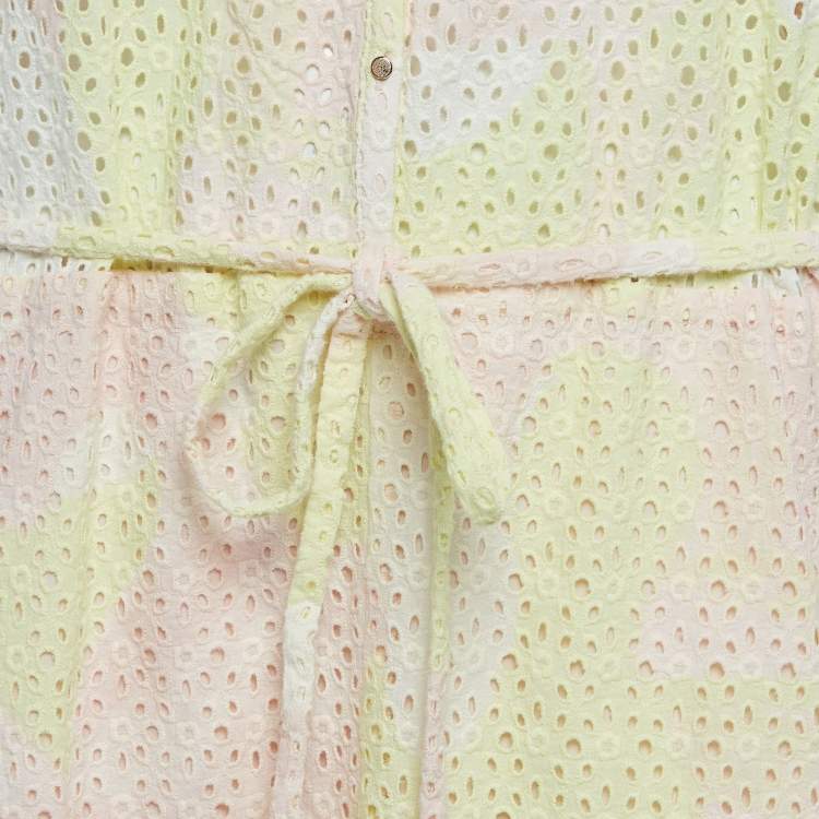 Pre Owned Zadig & Voltaire Pink/Yellow Camouflage Print Broderie Anglaise Cotton Requiem Dress L