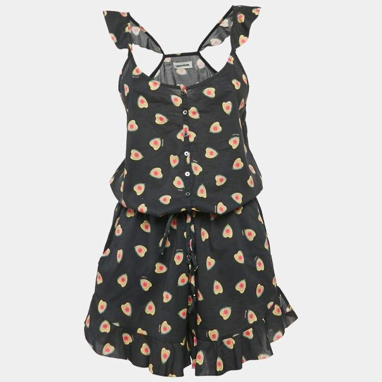 Pre Owned Zadig & Voltaire Black Call Print Cotton Coeur Playsuit M