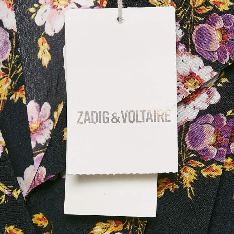 Pre Owned Zadig & Voltaire Black Peonies Print Silk Pleated Button Front Maxi Dress XS