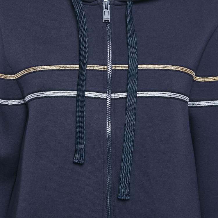 Pre Owned Zadig & Voltaire Deluxe Navy Blue Striped Neoprene Zip Up Hoodie L