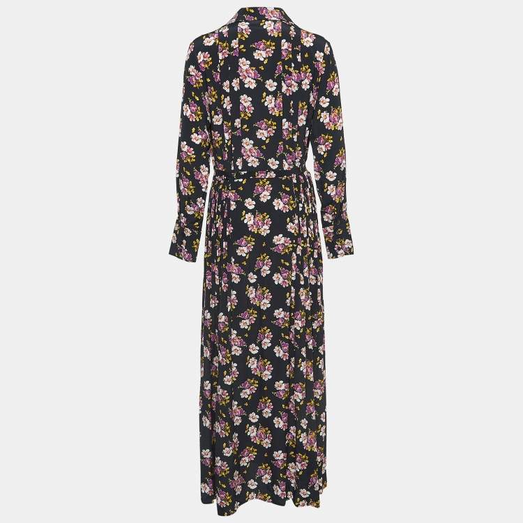 Pre Owned Zadig & Voltaire Black Floral Print Silk Pleated Button Front Maxi Dress XS