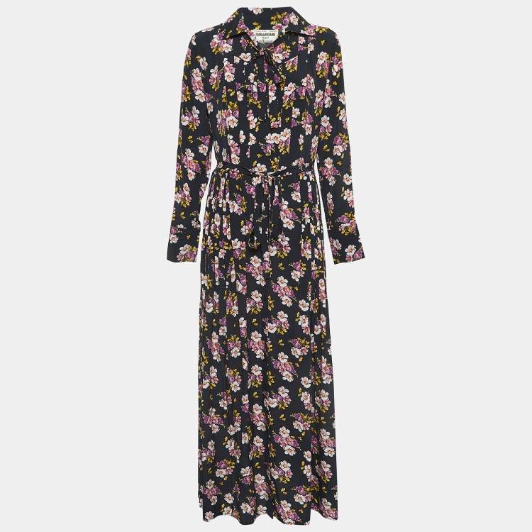 Pre Owned Zadig & Voltaire Black Floral Print Silk Pleated Button Front Maxi Dress XS