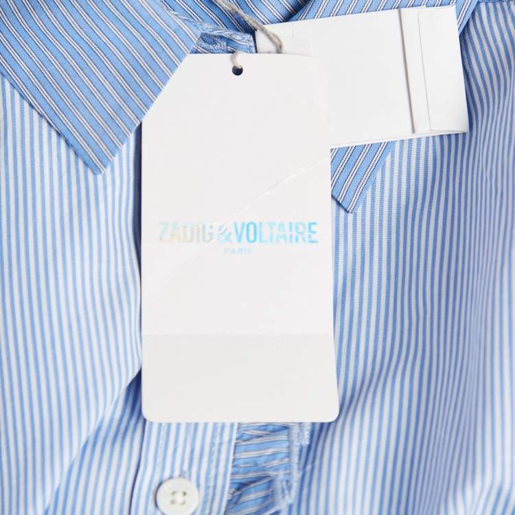 Pre Owned Zadig & Voltaire Blue Stripe Cotton Button Front Ruffled Rilt Mini Dress S