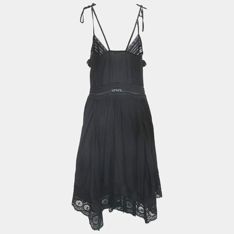 Pre Owned Zadig & Voltaire Black Cotton Lace Trimmed Tie-Up Detail Asymmetric Midi Dress XS