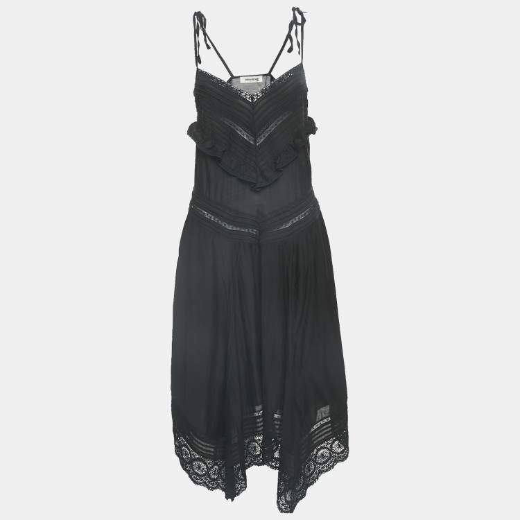 Pre Owned Zadig & Voltaire Black Cotton Lace Trimmed Tie-Up Detail Asymmetric Midi Dress XS
