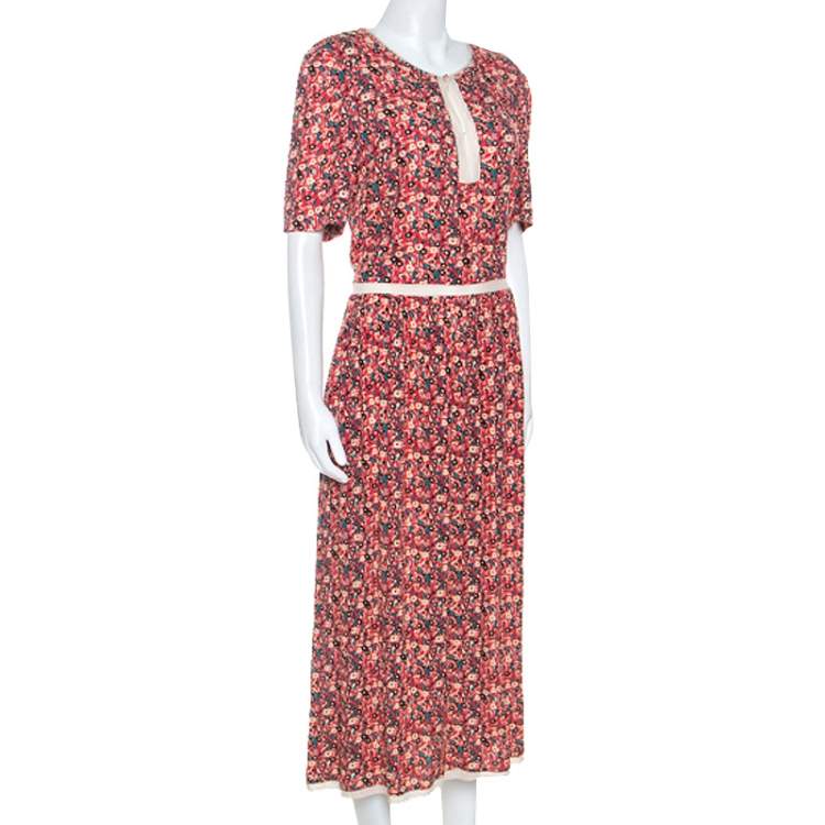 Pre Owned Zadig and Voltaire Red Floral Print Lace Trimmed Rivale Midi Dress M