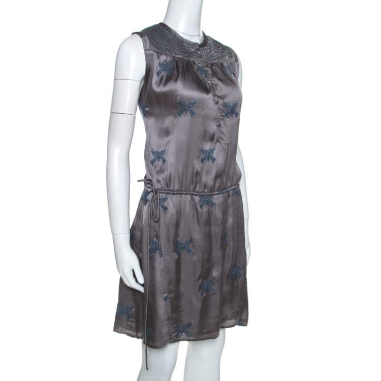 Pre Owned Zadig and Voltaire Grey Embroidery Detail Satin Rafi Brod Dresses S