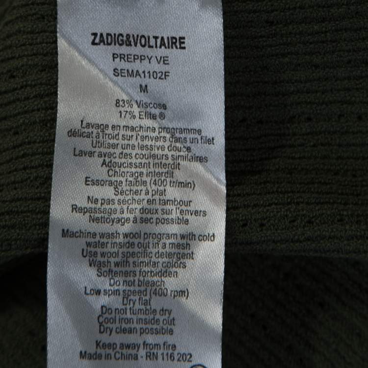 Pre Owned Zadig and Voltaire Olive Green Perforated Knit Preppy Ve Sweater M