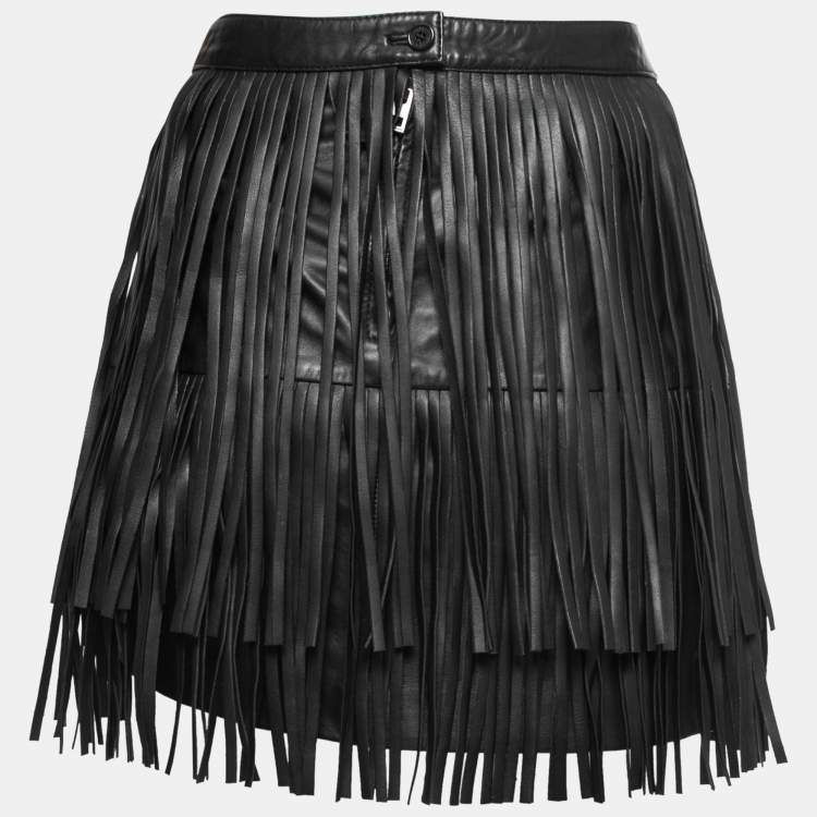 Pre Owned Zadig and Voltaire Black Fringed Leather Mini Skirt M