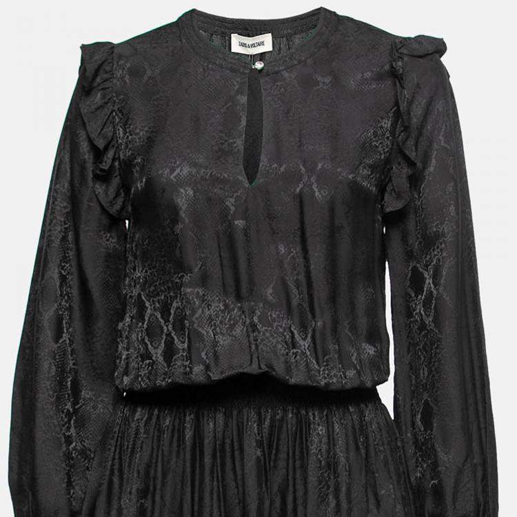 Pre Owned Zadig and Voltaire Black Textured Satin Ruffled Maxi Dress XS