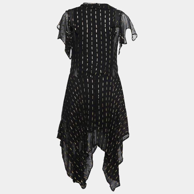 Pre Owned Zadig and Voltaire Black/Gold Crepe Rool Shiny Ruffled Dress XS