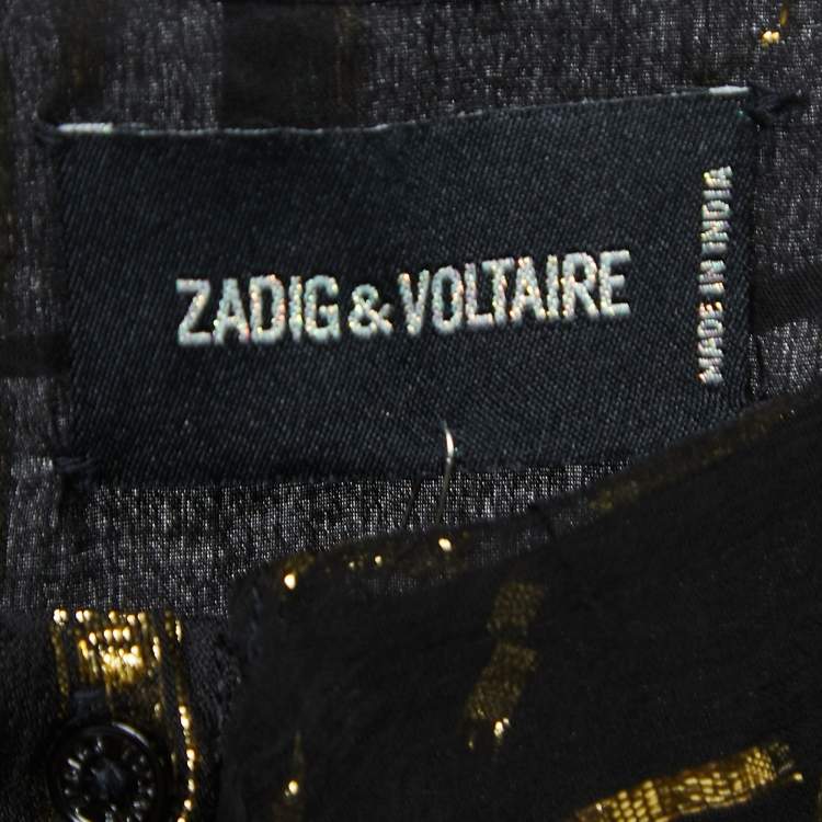 Pre Owned Zadig and Voltaire Black/Gold Crepe Rool Shiny Ruffled Dress XS
