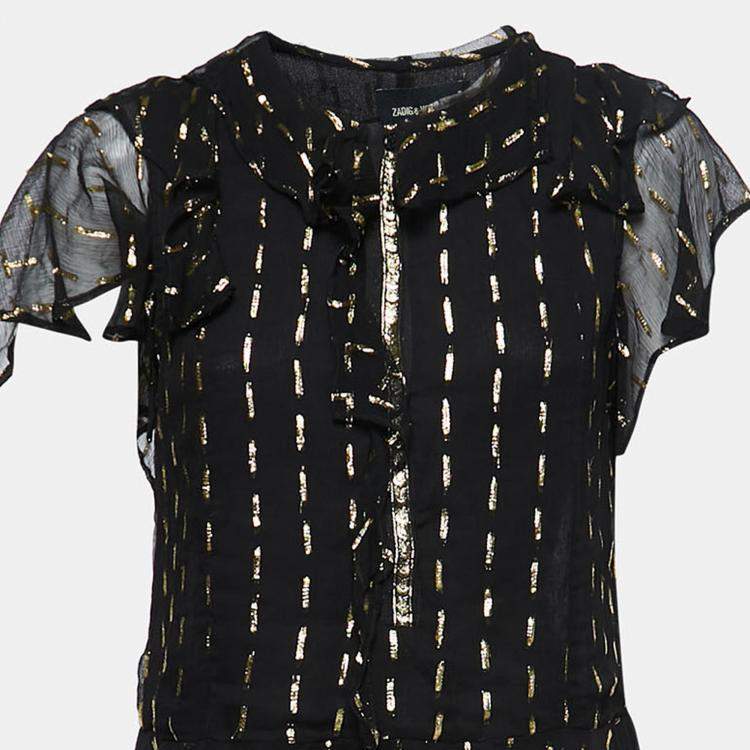 Pre Owned Zadig and Voltaire Black/Gold Crepe Rool Shiny Ruffled Dress XS
