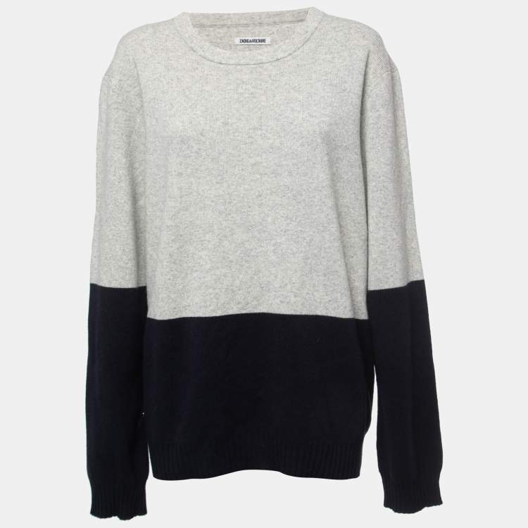 Zadig & Voltaire Grey/Navy Blue Wool Crew Neck Sweater XL Zadig