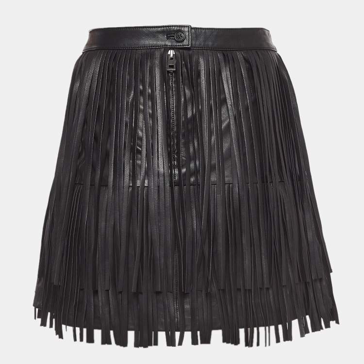 Pre Owned Zadig & Voltaire Black Fringed Leather Mini Skirt M