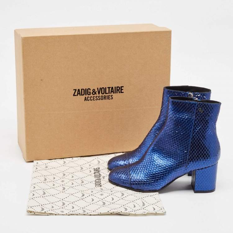 Pre Owned Zadig & Voltaire Blue Python Embossed Leather Block Heel Ankle Length Boots Size 36