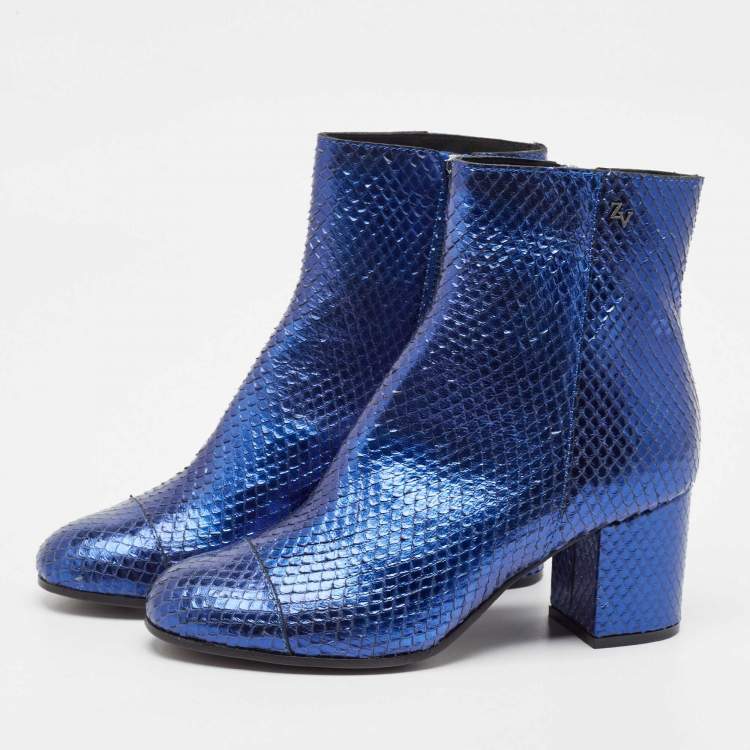 Pre Owned Zadig & Voltaire Blue Python Embossed Leather Block Heel Ankle Length Boots Size 36
