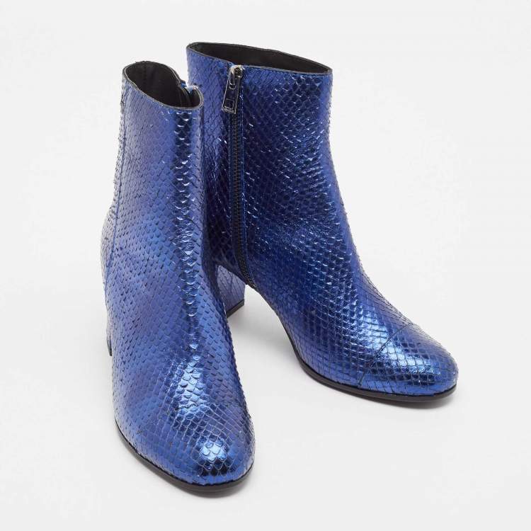 Pre Owned Zadig & Voltaire Blue Python Embossed Leather Block Heel Ankle Length Boots Size 36