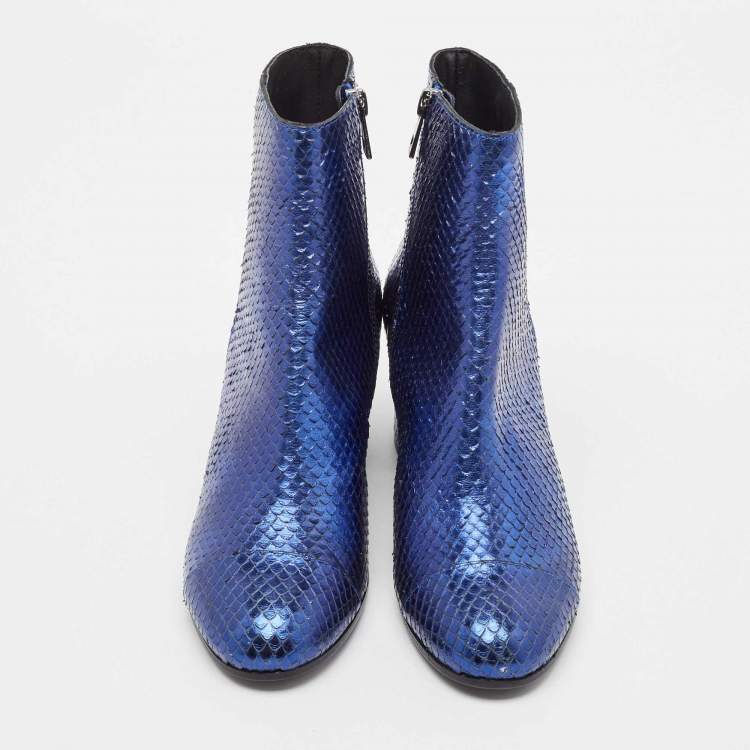 Pre Owned Zadig & Voltaire Blue Python Embossed Leather Block Heel Ankle Length Boots Size 36