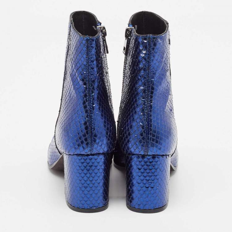Pre Owned Zadig & Voltaire Blue Python Embossed Leather Block Heel Ankle Length Boots Size 36