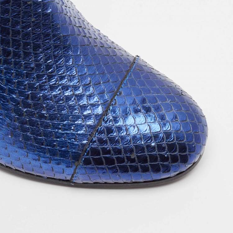 Pre Owned Zadig & Voltaire Blue Python Embossed Leather Block Heel Ankle Length Boots Size 36