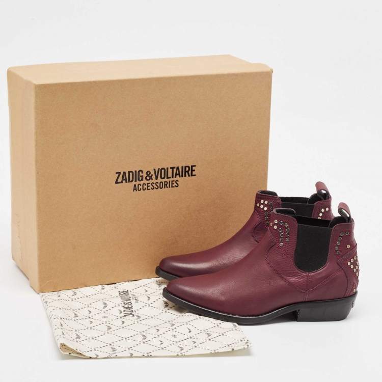 Pre Owned Zadig & Voltaire Burgundy Leather Studded Ankle Length Boots Size 36