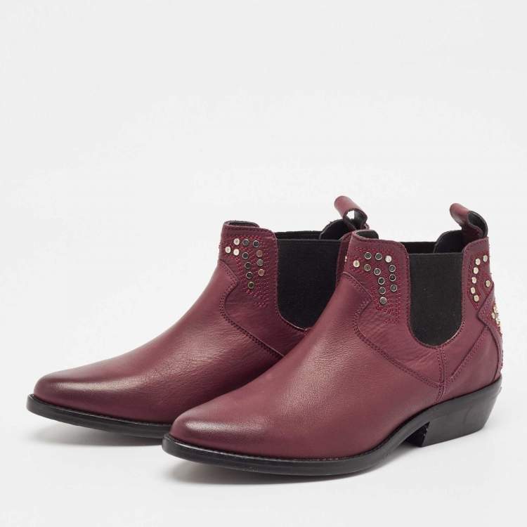 Pre Owned Zadig & Voltaire Burgundy Leather Studded Ankle Length Boots Size 36