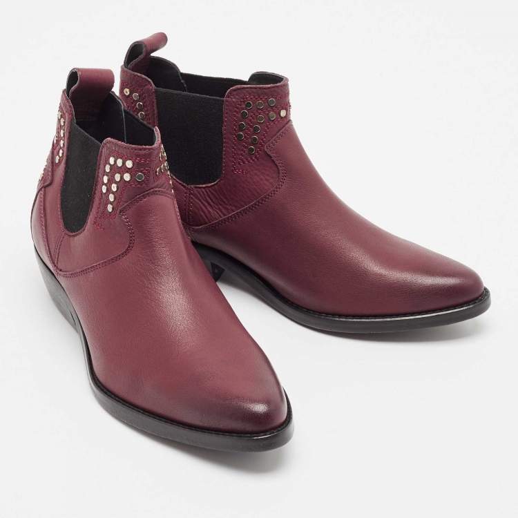 Pre Owned Zadig & Voltaire Burgundy Leather Studded Ankle Length Boots Size 36