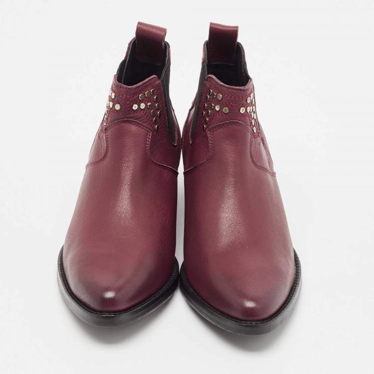 Pre Owned Zadig & Voltaire Burgundy Leather Studded Ankle Length Boots Size 36
