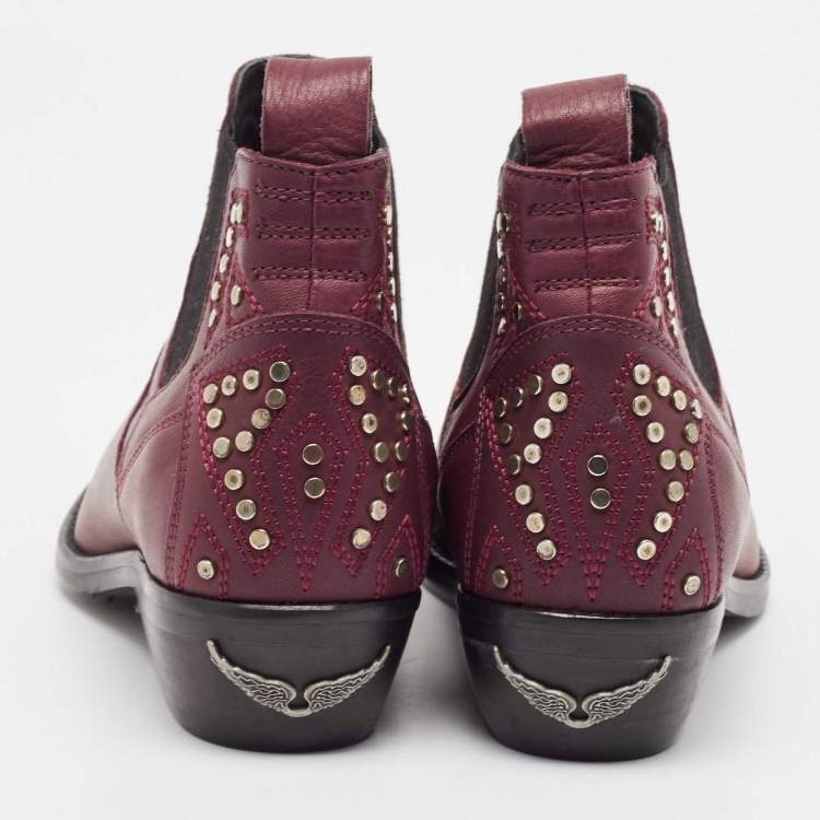 Pre Owned Zadig & Voltaire Burgundy Leather Studded Ankle Length Boots Size 36