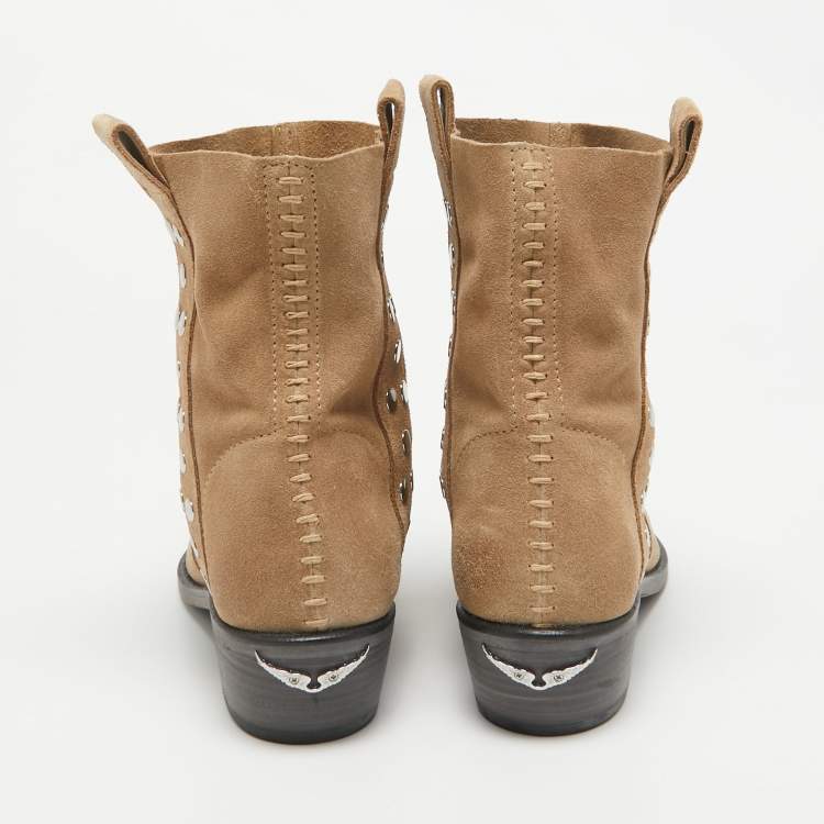 Pre Owned Zadig & Voltaire Beige Suede Studded Western Boots Size 38