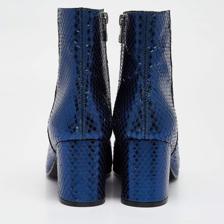 Pre Owned Zadig & Voltaire Blue Python Embossed Leather Ankle Length Boots Size 38