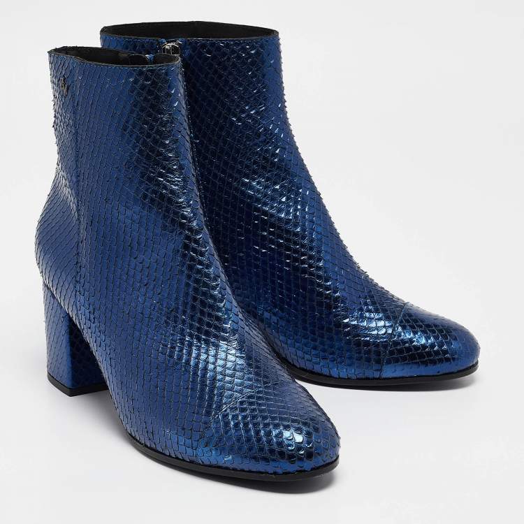 Pre Owned Zadig & Voltaire Blue Python Embossed Leather Ankle Length Boots Size 38