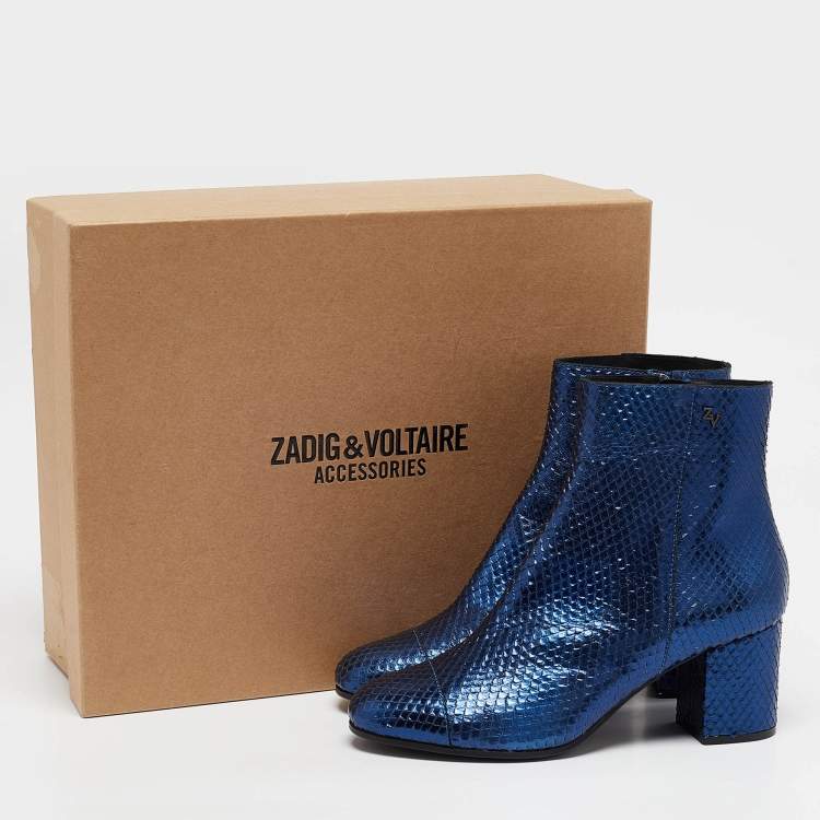 Pre Owned Zadig & Voltaire Blue Python Embossed Leather Ankle Length Boots Size 38
