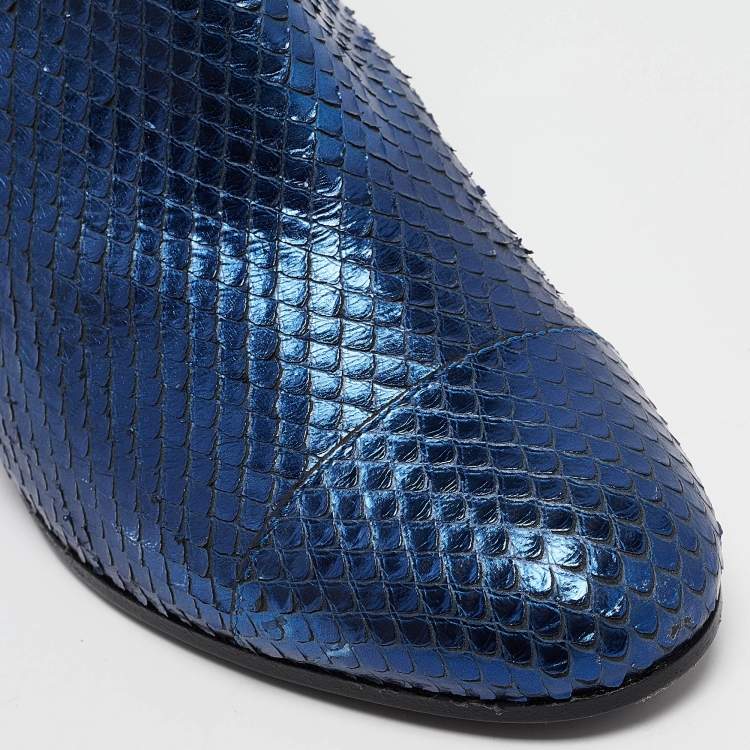Pre Owned Zadig & Voltaire Blue Python Embossed Leather Ankle Length Boots Size 38