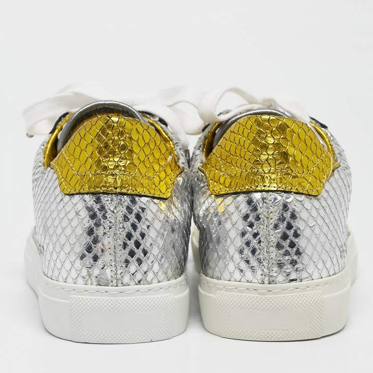 Pre Owned Zadig & Voltaire Silver/Gold Snakeskin Embossed Leather Lace Up Sneakers Size 36
