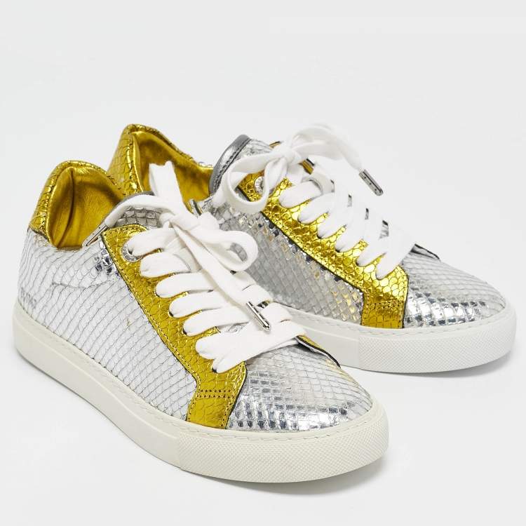 Pre Owned Zadig & Voltaire Silver/Gold Snakeskin Embossed Leather Lace Up Sneakers Size 36