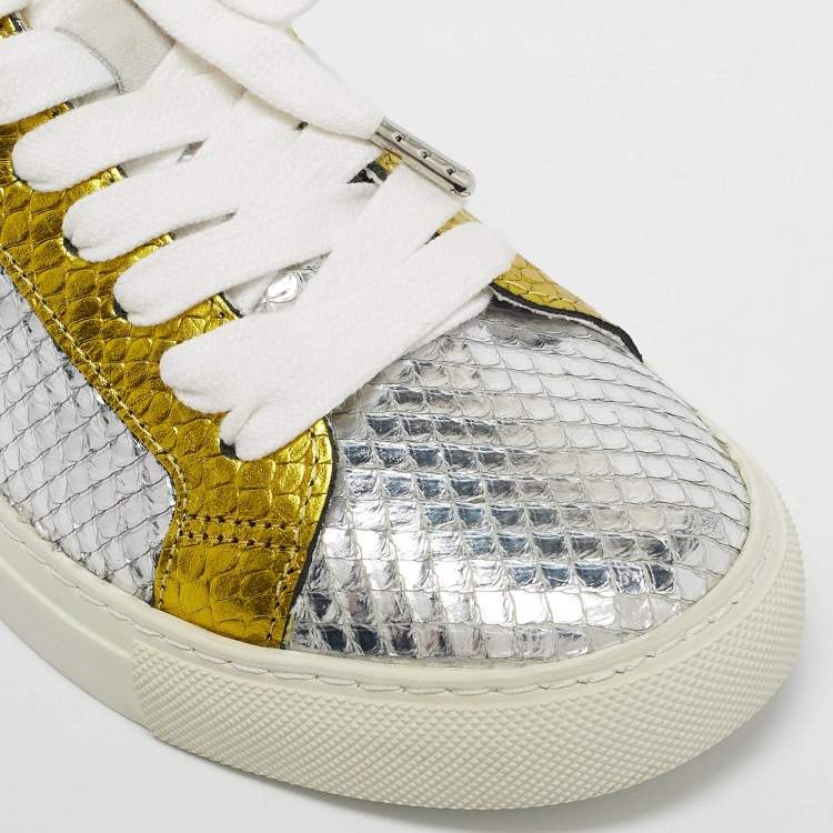 Pre Owned Zadig & Voltaire Silver/Gold Snakeskin Embossed Leather Lace Up Sneakers Size 36