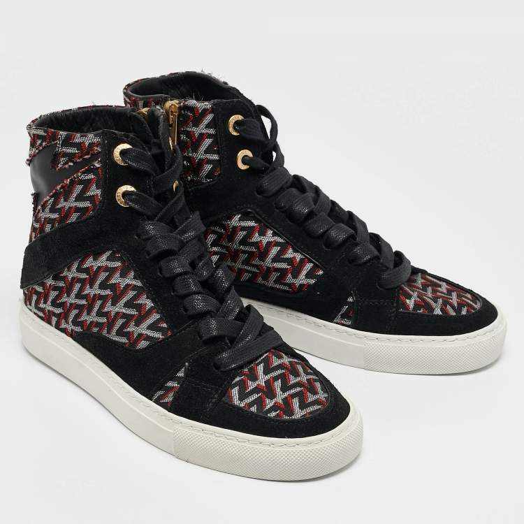 Pre Owned Zadig & Voltaire Black/Burgundy Leather and Suede High Top Sneakers Size 36