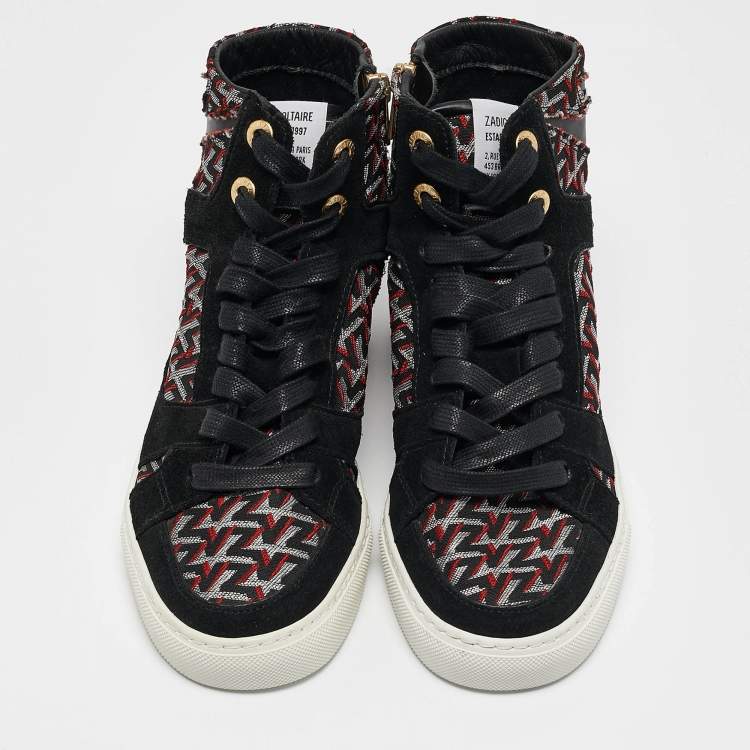 Pre Owned Zadig & Voltaire Black/Burgundy Leather and Suede High Top Sneakers Size 36
