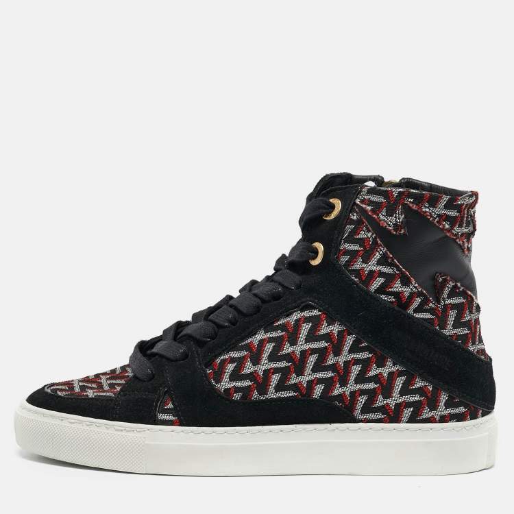 Pre Owned Zadig & Voltaire Black/Burgundy Leather and Suede High Top Sneakers Size 36