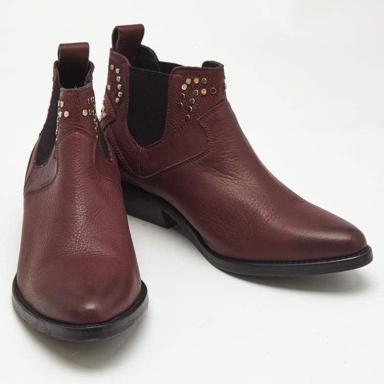 Pre Owned Zadig & Voltaire Burgundy Leather Thylana Studded Ankle Boots Size 37
