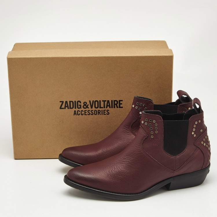 Pre Owned Zadig & Voltaire Burgundy Leather Thylana Studded Ankle Boots Size 37
