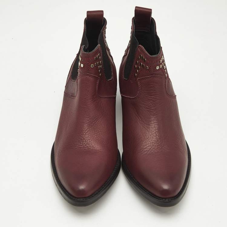 Pre Owned Zadig & Voltaire Burgundy Leather Thylana Studded Ankle Boots Size 37