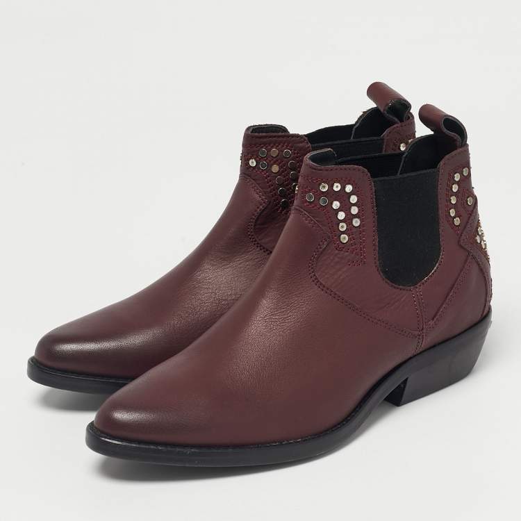 Pre Owned Zadig & Voltaire Burgundy Leather Thylana Studded Ankle Boots Size 36
