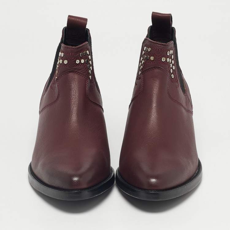 Pre Owned Zadig & Voltaire Burgundy Leather Thylana Studded Ankle Boots Size 36