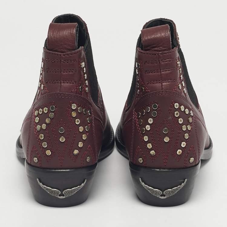 Pre Owned Zadig & Voltaire Burgundy Leather Thylana Studded Ankle Boots Size 36