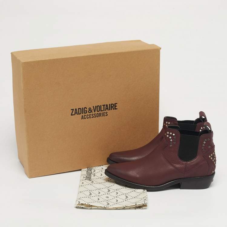Pre Owned Zadig & Voltaire Burgundy Leather Thylana Studded Ankle Boots Size 36