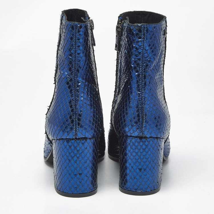 Pre Owned Zadig & Voltaire Metallic Blue Python Embossed Leather Lena Ankle Boots Size 37