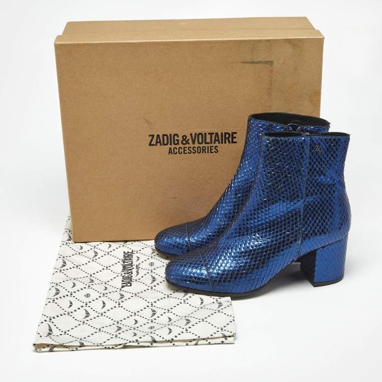Pre Owned Zadig & Voltaire Metallic Blue Python Embossed Leather Lena Ankle Boots Size 37
